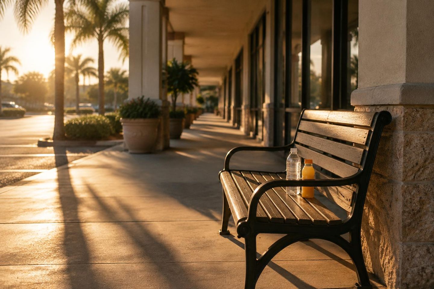 An empty bench outside a Florida shopping plaza in golden afternoon light, with a bottle of water and a bottle of orange juice resting on it.